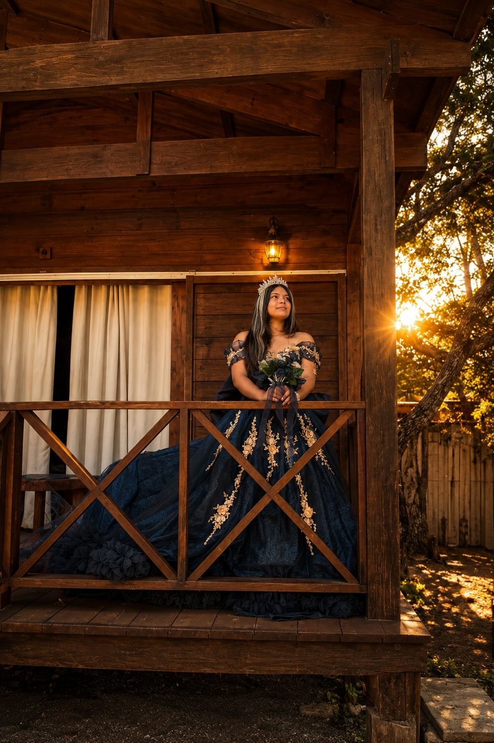 Ashley Camila con su vestido azul y dorado